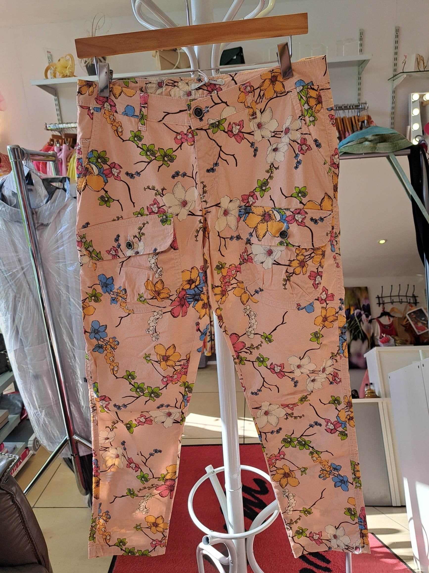 funky Staff peach flower stretch trousers - Maya Maya Ltd