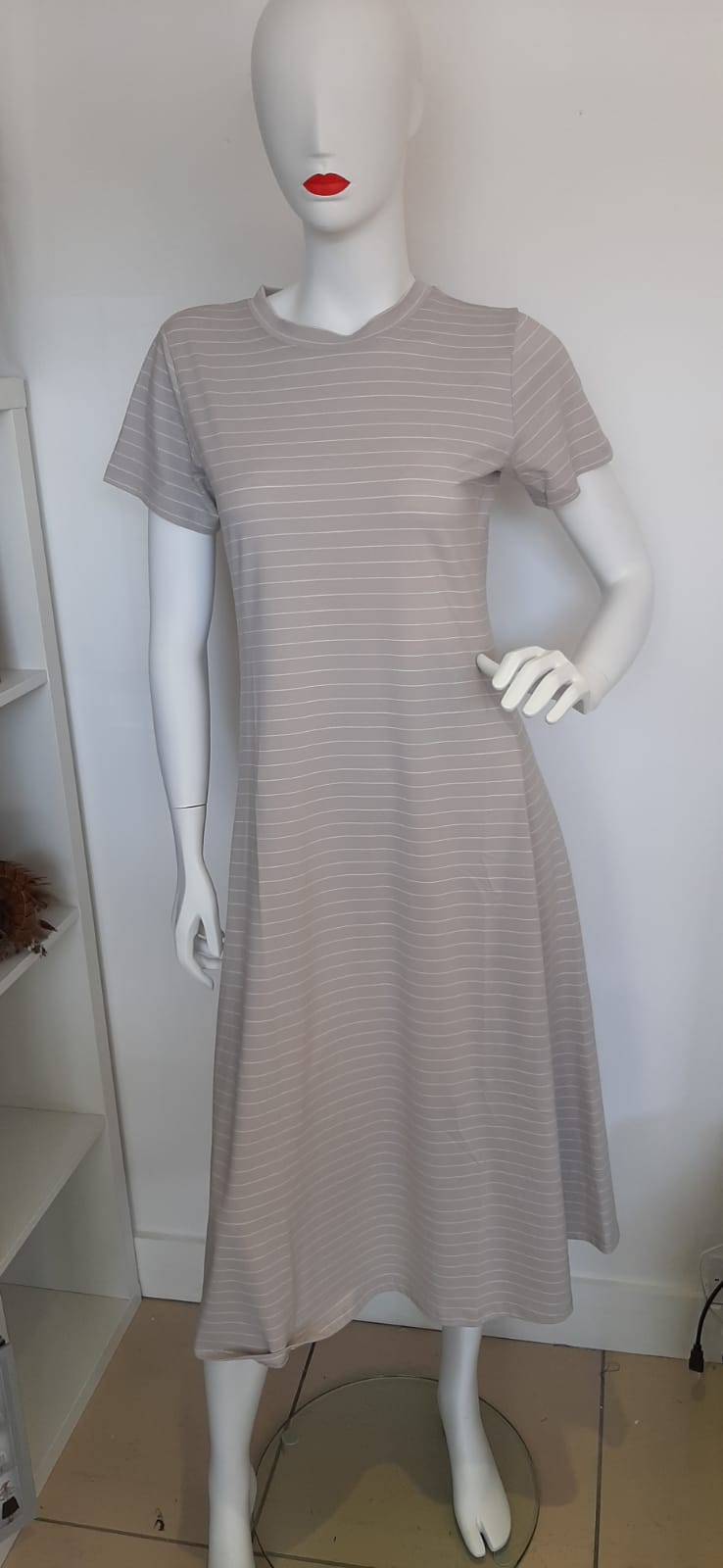 Taupe and White Stripe jersey Dress - Maya Maya Ltd