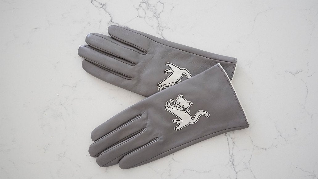 Grey Cat Leather Gloves - Maya Maya Ltd